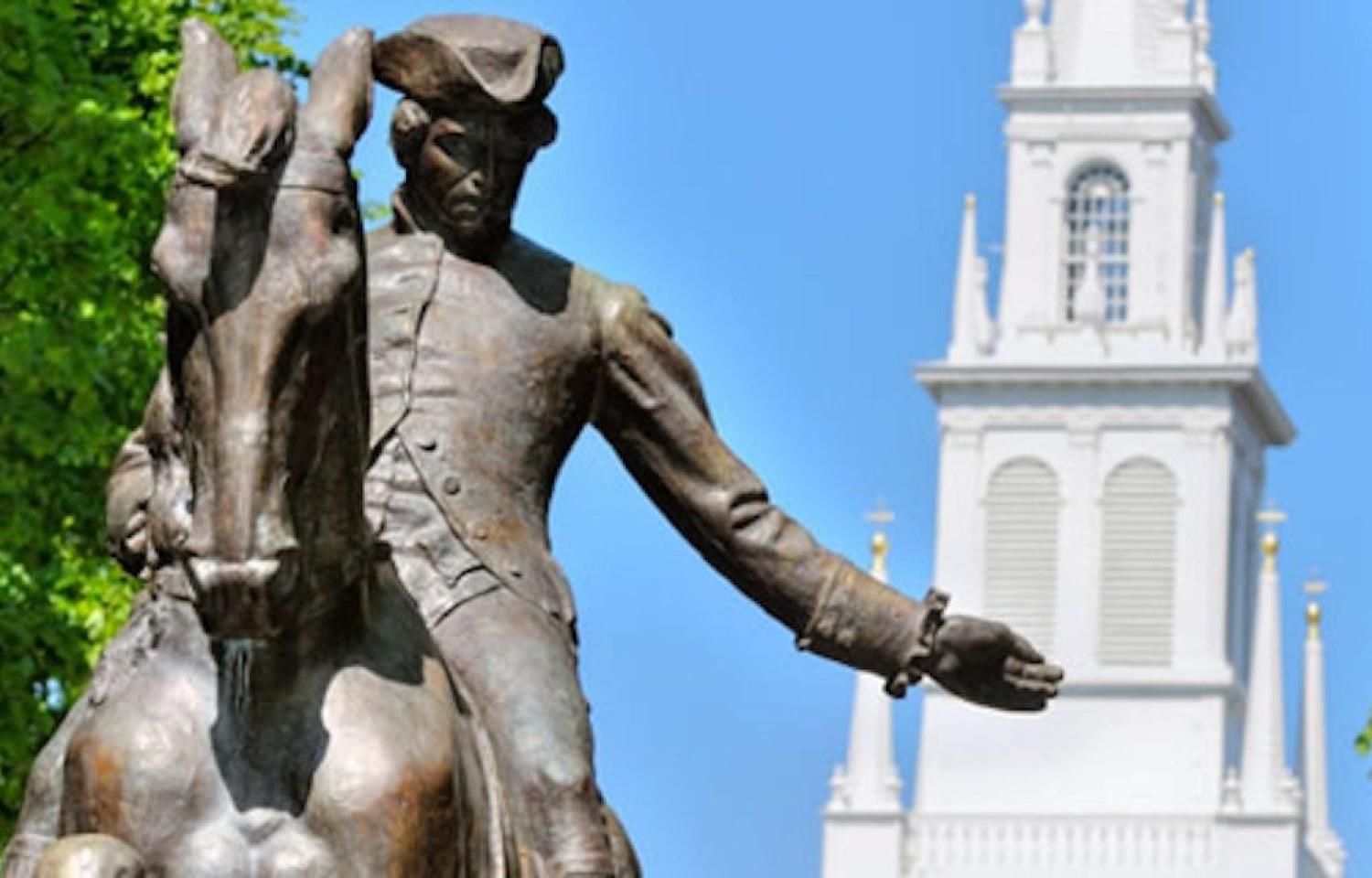 A statue of Paul Revere on his horse